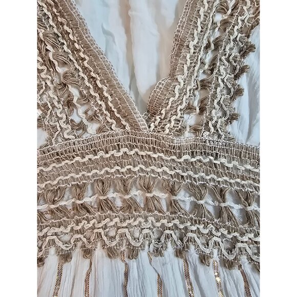 Boho Cream Maxi Dress Gold Accents & Jute Crochet Details By Ashley Taylor OS - Picture 14 of 15